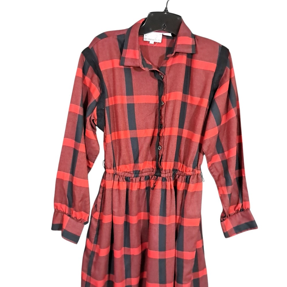 Shapely Dress Co Red Black Plaid Button Down Shirt Dress Sz 10 Midi 80s Country - Picture 4 of 13